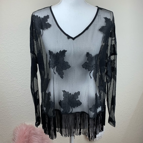 ASTR Black Sheer Leaf Print Fringe Top - Picture 4 of 12